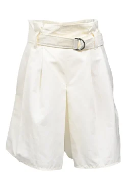 White cotton and ramie-blend high-waisted paperbag belted shorts