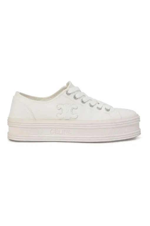 White cotton canvas Jane low-top lace-up platform sneakers featuring tonal calfskin leather Triomphe patch