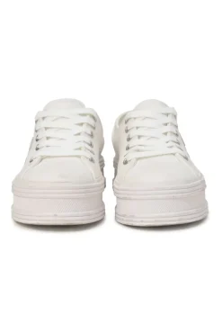 White cotton canvas Jane low-top lace-up platform sneakers featuring tonal calfskin leather Triomphe patch