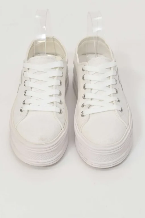 White cotton canvas Jane low-top lace-up platform sneakers featuring tonal calfskin leather Triomphe patch