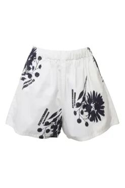 White cotton floral print pull-on wide-leg shorts with elasticated waist