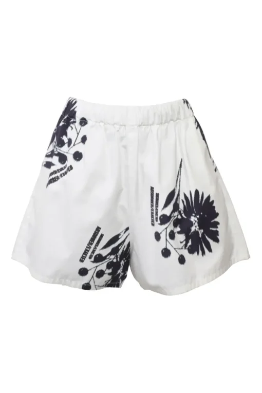 White cotton floral print pull-on wide-leg shorts with elasticated waist