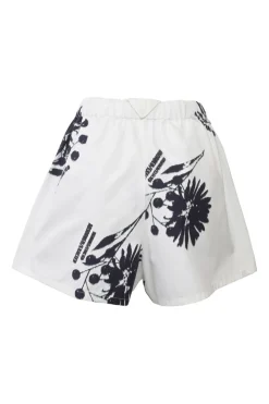 White cotton floral print pull-on wide-leg shorts with elasticated waist