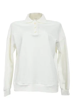 White cotton French terry spread collar half-button pullover hoodie