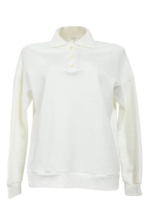 White cotton French terry spread collar half-button pullover hoodie