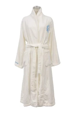White cotton loop terry shawl collar tie-waist robe featuring logo broderie motif