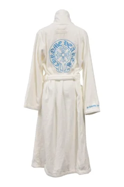 White cotton loop terry shawl collar tie-waist robe featuring logo broderie motif