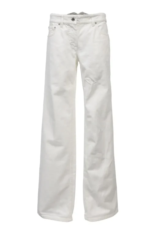White cotton low-rise wide-leg jeans with split logo waistband