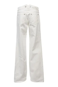 White cotton low-rise wide-leg jeans with split logo waistband