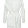 White cotton poplin point collar half-button tie-waist romper with turn-up cuffs