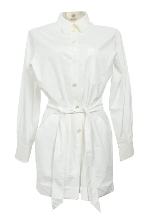 White cotton poplin point collar half-button tie-waist romper with turn-up cuffs