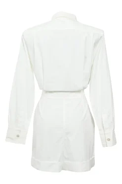 White cotton poplin point collar half-button tie-waist romper with turn-up cuffs