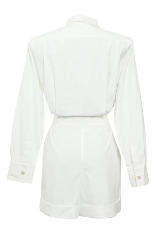 White cotton poplin point collar half-button tie-waist romper with turn-up cuffs