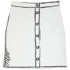 White cotton trompe l'oeil mini skirt with graphic sketched details and two back patch pockets