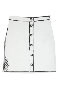 White cotton trompe l'oeil mini skirt with graphic sketched details and two back patch pockets