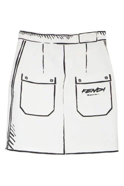 White cotton trompe l'oeil mini skirt with graphic sketched details and two back patch pockets