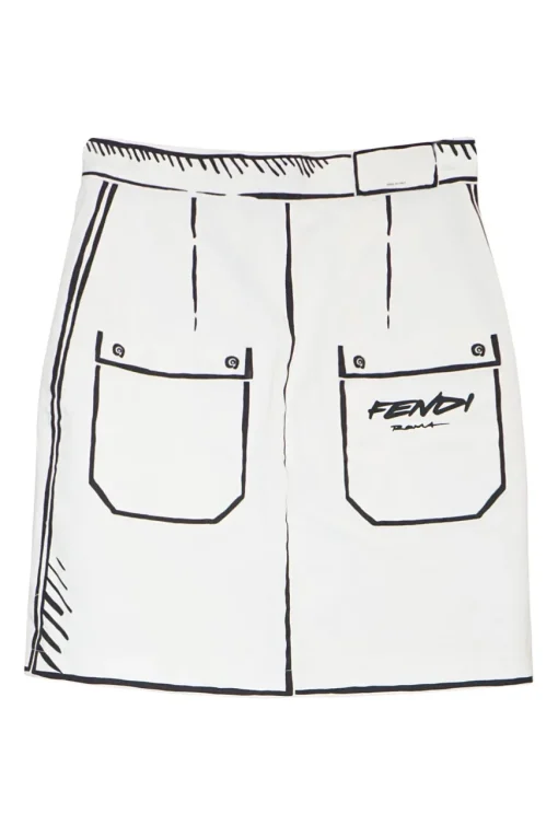 White cotton trompe l'oeil mini skirt with graphic sketched details and two back patch pockets