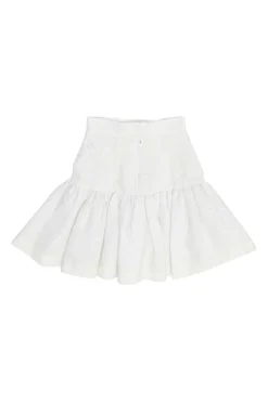 White cotton-blend textured drop-waist mini ruffle skirt with concealed rear zip fastening