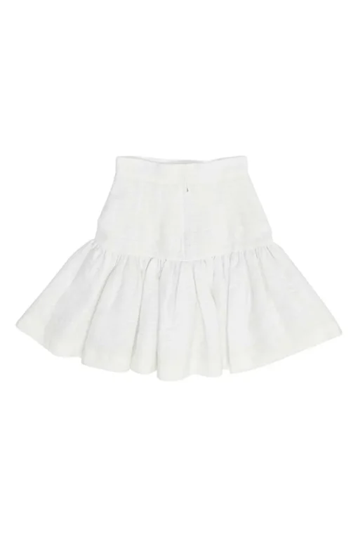 White cotton-blend textured drop-waist mini ruffle skirt with concealed rear zip fastening