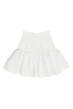 White cotton-blend textured drop-waist mini ruffle skirt with concealed rear zip fastening