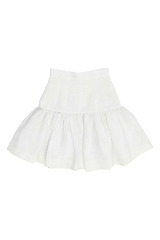 White cotton-blend textured drop-waist mini ruffle skirt with concealed rear zip fastening