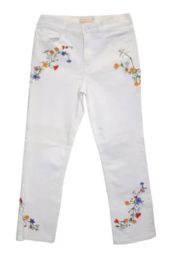 White cotton-blend twill mid-rise embroidered skinny pants featuring floral motif