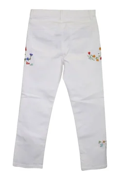 White cotton-blend twill mid-rise embroidered skinny pants featuring floral motif