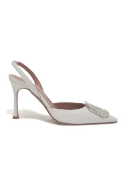 White crystal-embellished leather Camelia pointed-toe slingback buckle pumps