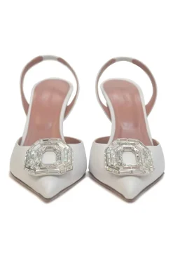 White crystal-embellished leather Camelia pointed-toe slingback buckle pumps