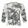 White embroidered cashmere crewneck pullover cropped sleeve sweater featuring botanical motif