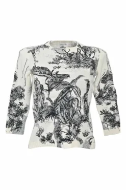 White embroidered cashmere crewneck pullover cropped sleeve sweater featuring botanical motif