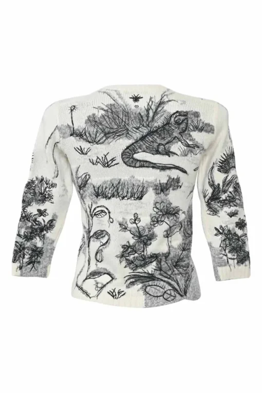 White embroidered cashmere crewneck pullover cropped sleeve sweater featuring botanical motif