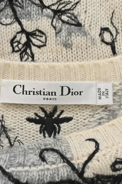 White embroidered cashmere crewneck pullover cropped sleeve sweater featuring botanical motif