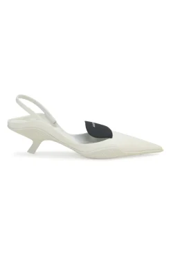 White fabric and rubber pointed-toe slingback court pumps with contrasting logo tongue