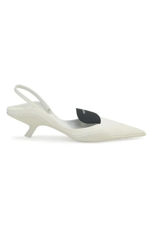 White fabric and rubber pointed-toe slingback court pumps with contrasting logo tongue