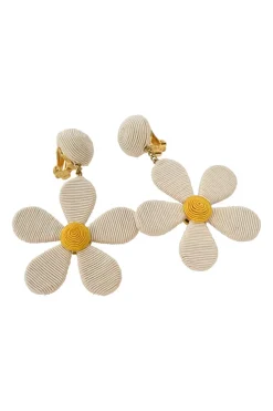 White fabric cord and gold-plated pewter daisy clip earrings