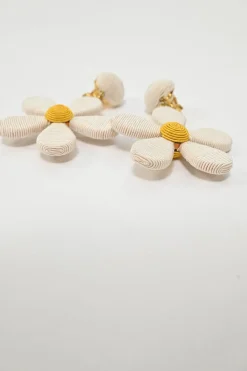 White fabric cord and gold-plated pewter daisy clip earrings
