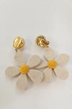 White fabric cord and gold-plated pewter daisy clip earrings