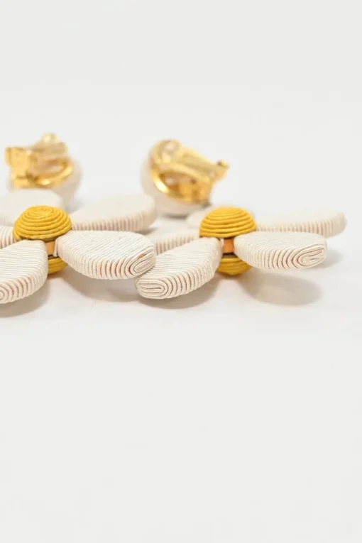 White fabric cord and gold-plated pewter daisy clip earrings