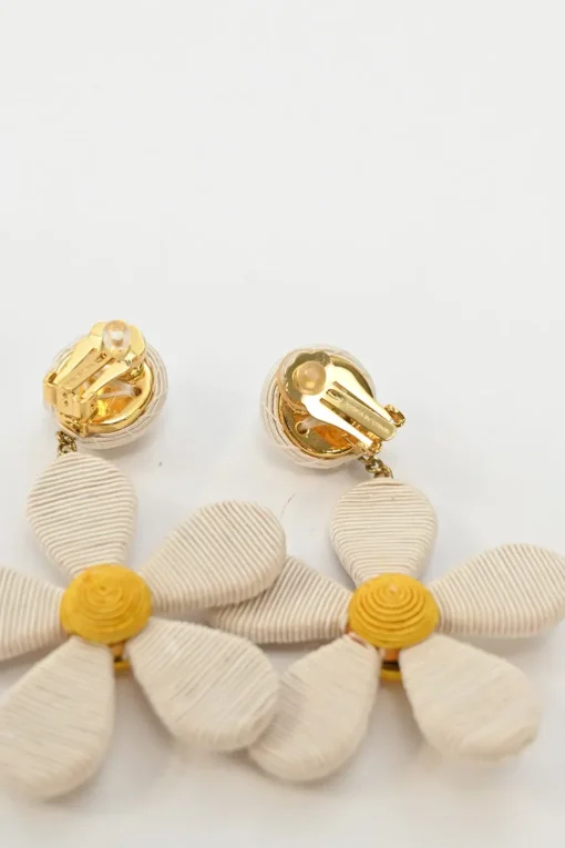 White fabric cord and gold-plated pewter daisy clip earrings