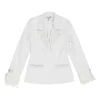 White feather-trimmed peak lapel tuxedo jacket with crystal-embellished lapels and pockets