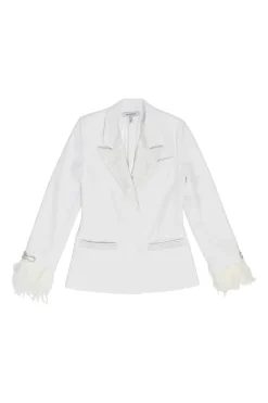 White feather-trimmed peak lapel tuxedo jacket with crystal-embellished lapels and pockets