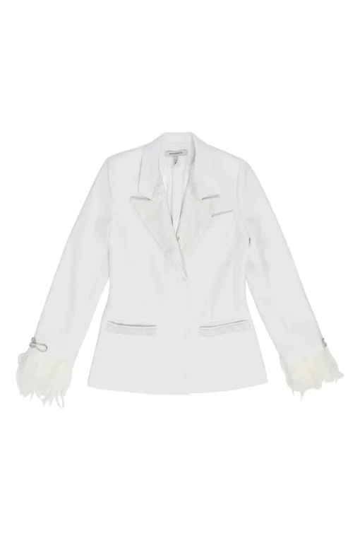 White feather-trimmed peak lapel tuxedo jacket with crystal-embellished lapels and pockets