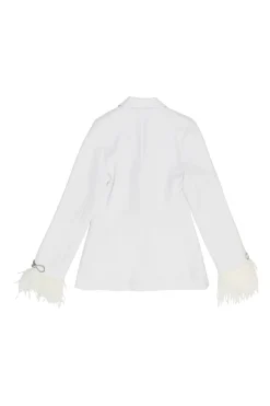 White feather-trimmed peak lapel tuxedo jacket with crystal-embellished lapels and pockets