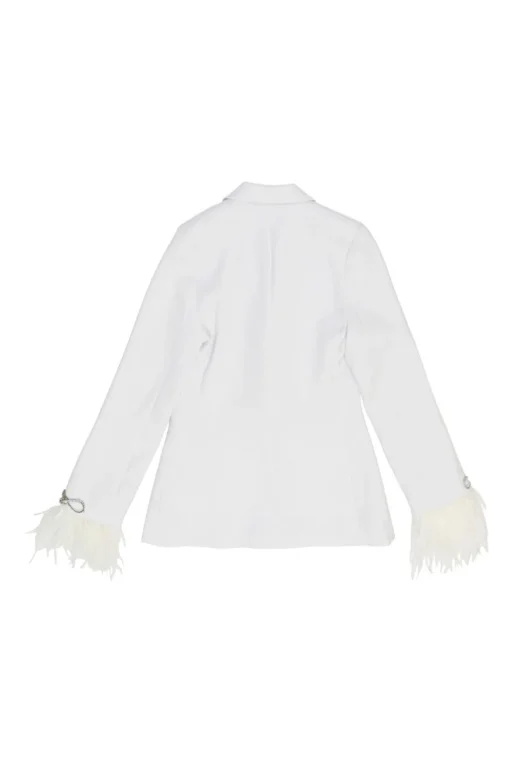 White feather-trimmed peak lapel tuxedo jacket with crystal-embellished lapels and pockets