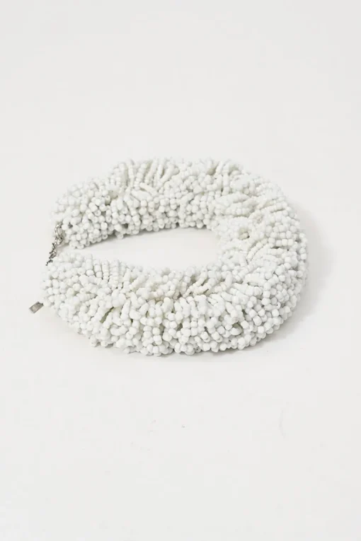 White glass drum bead collar necklace with lobster clasp closure