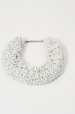 White glass drum bead collar necklace with lobster clasp closure