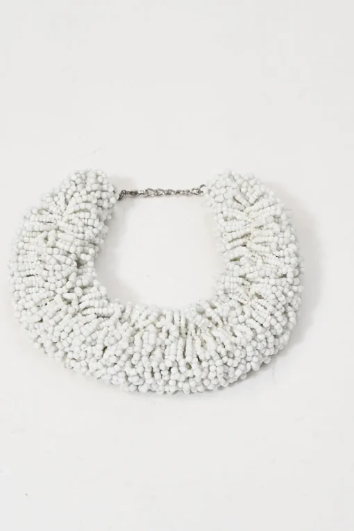 White glass drum bead collar necklace with lobster clasp closure