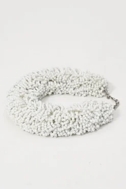 White glass drum bead collar necklace with lobster clasp closure