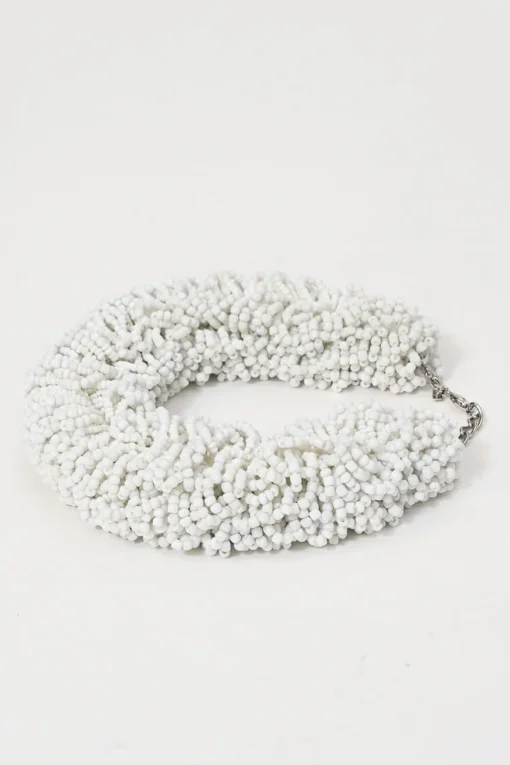 White glass drum bead collar necklace with lobster clasp closure